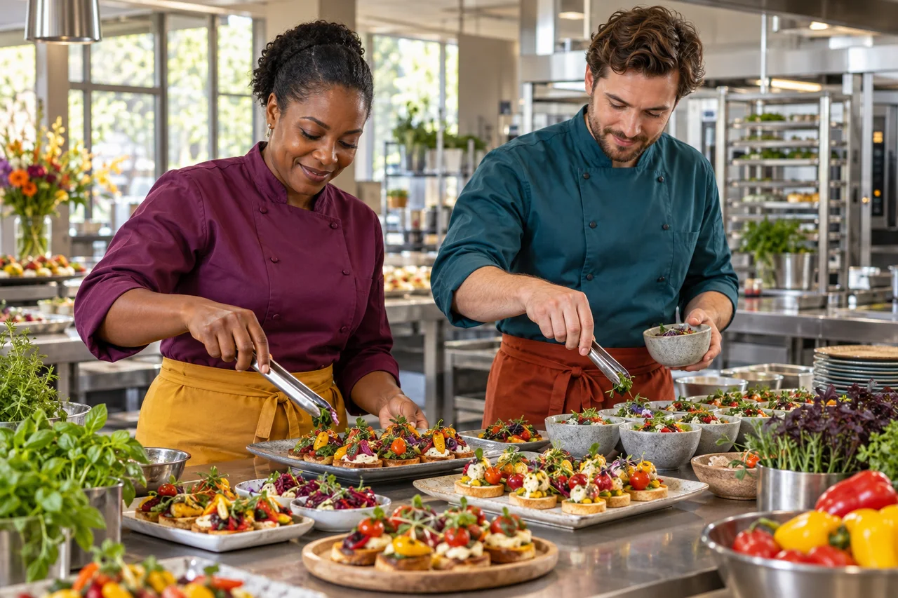 Illustrative Szene: Catering-Team in pflaumenfarbener und petrolfarbener Kochkleidung richtet ein buntes Buffet an.
