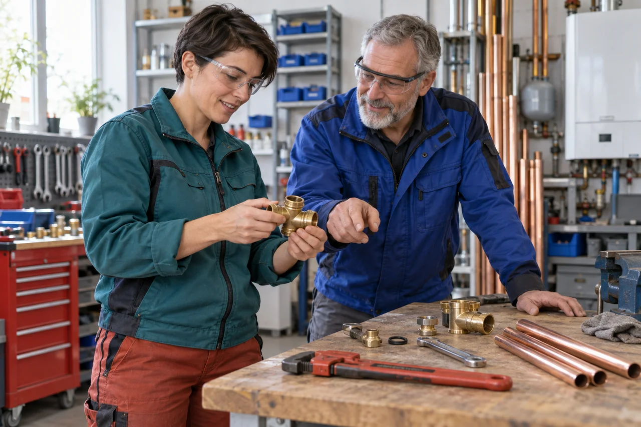 Illustrative Szene: Handwerkerin in petrolfarbener Arbeitsjacke und Kollege in Blau montieren ein Rohrverbindungsstück in ihrer Werkstatt.