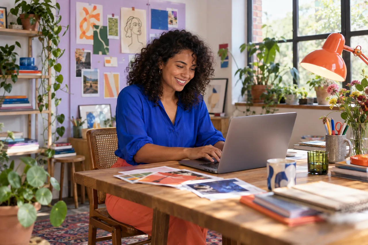 Illustrative Szene: Designerin in kobaltblauer Bluse und korallfarbener Hose im bunten Kreativstudio.